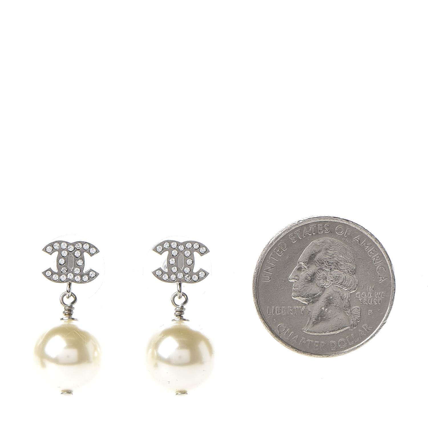Chanel Crystal Pearl CC Drop Earrings Silver 2 of 5