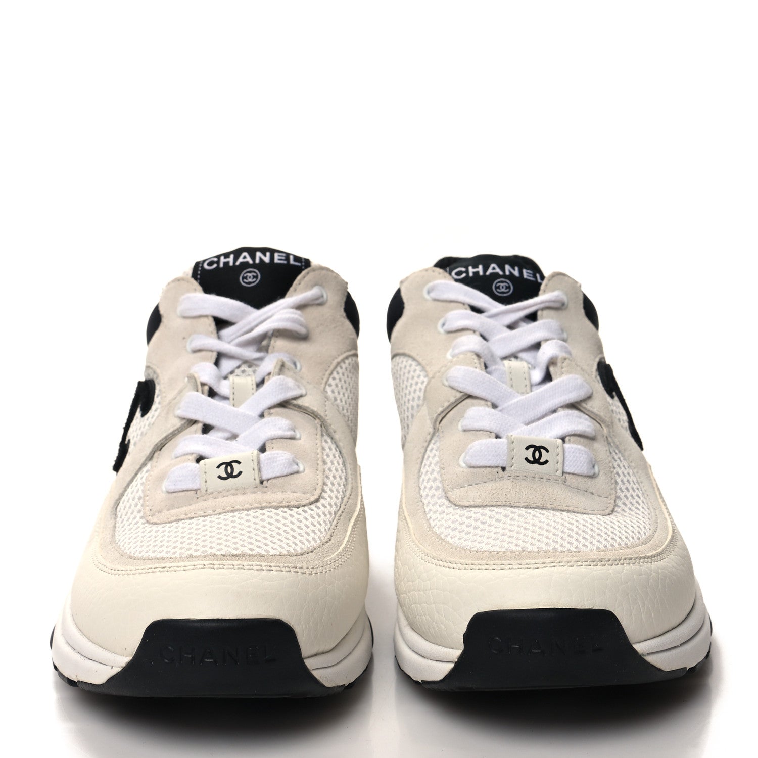 Chanel Mesh Suede Calfskin Grained Calfskin Womens CC Sneakers 39.5 White Black 2 of 9