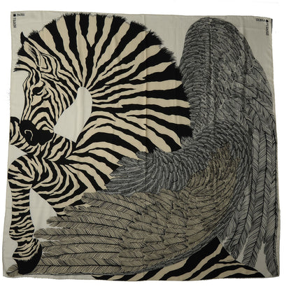 Hermes Cashmere Silk Zebra Pegasus Shawl 140 White Black Naturel 3 of 6