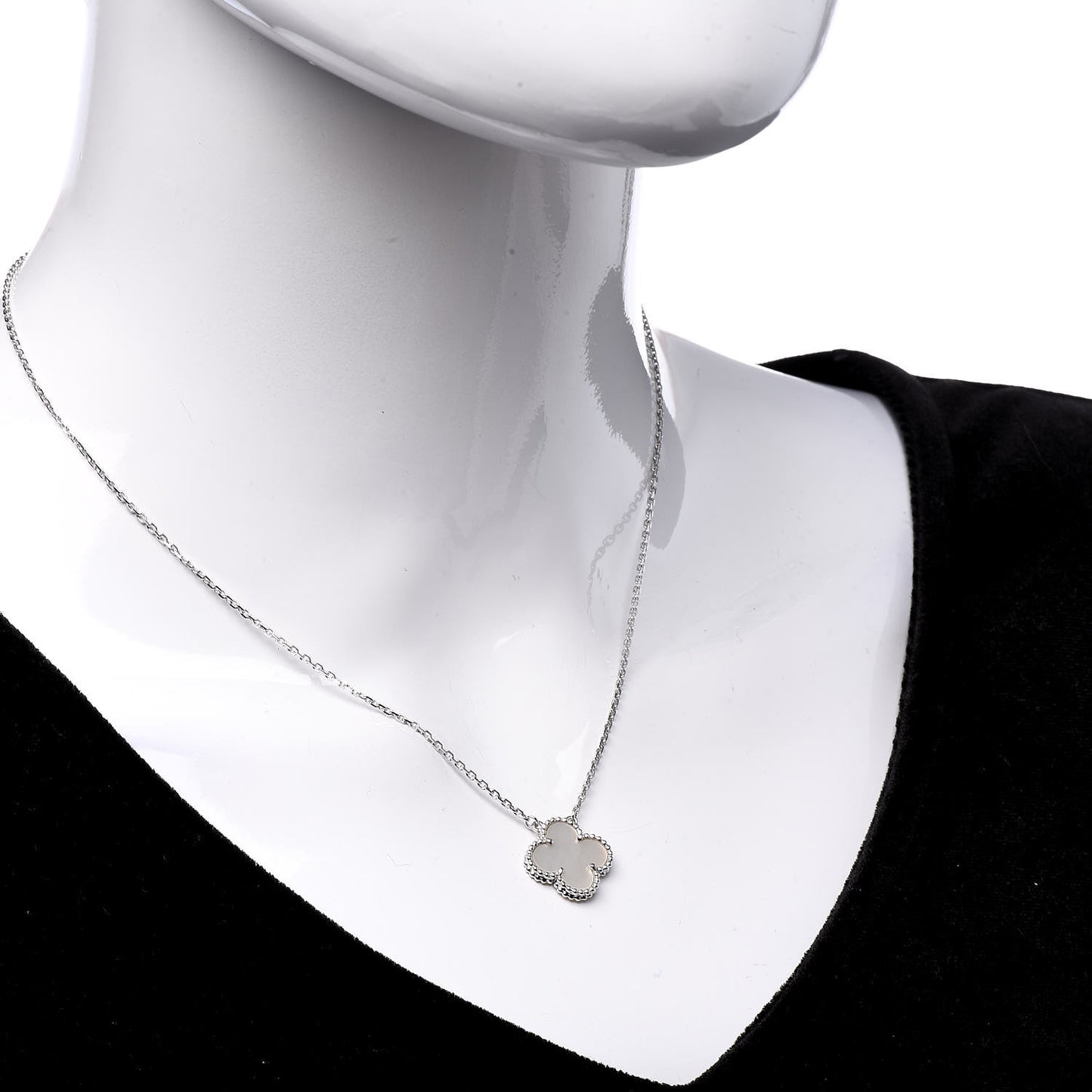 18K White Gold Mother of Pearl Vintage Alhambra Pendant Necklace