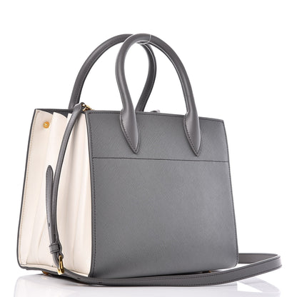 Prada Saffiano City Calfskin Small Bibliotheque Top Handle Mercurio Talco 3 of 13