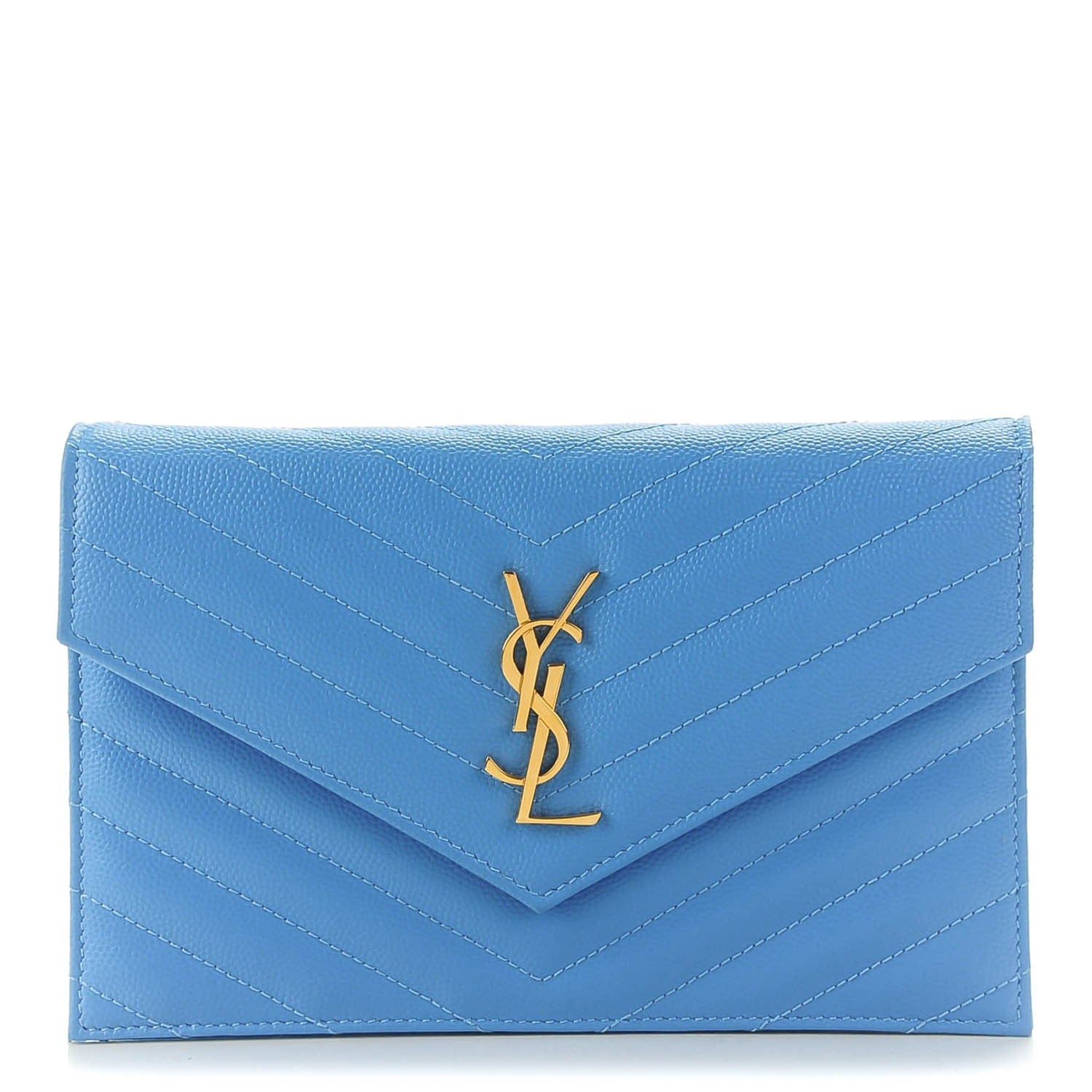 Saint Laurent Grain De Poudre Matelasse Chevron Monogram Envelope Chain Wallet Blue Clair 1 of 7