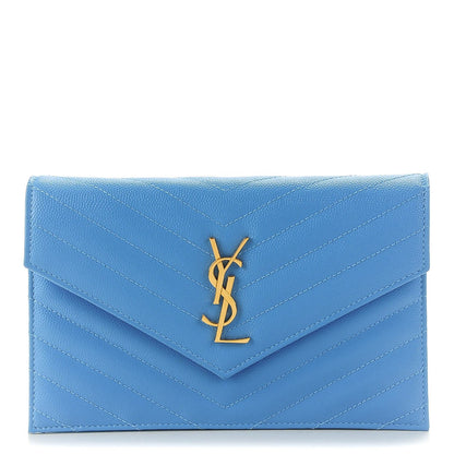 Saint Laurent Grain De Poudre Matelasse Chevron Monogram Envelope Chain Wallet Blue Clair 1 of 7