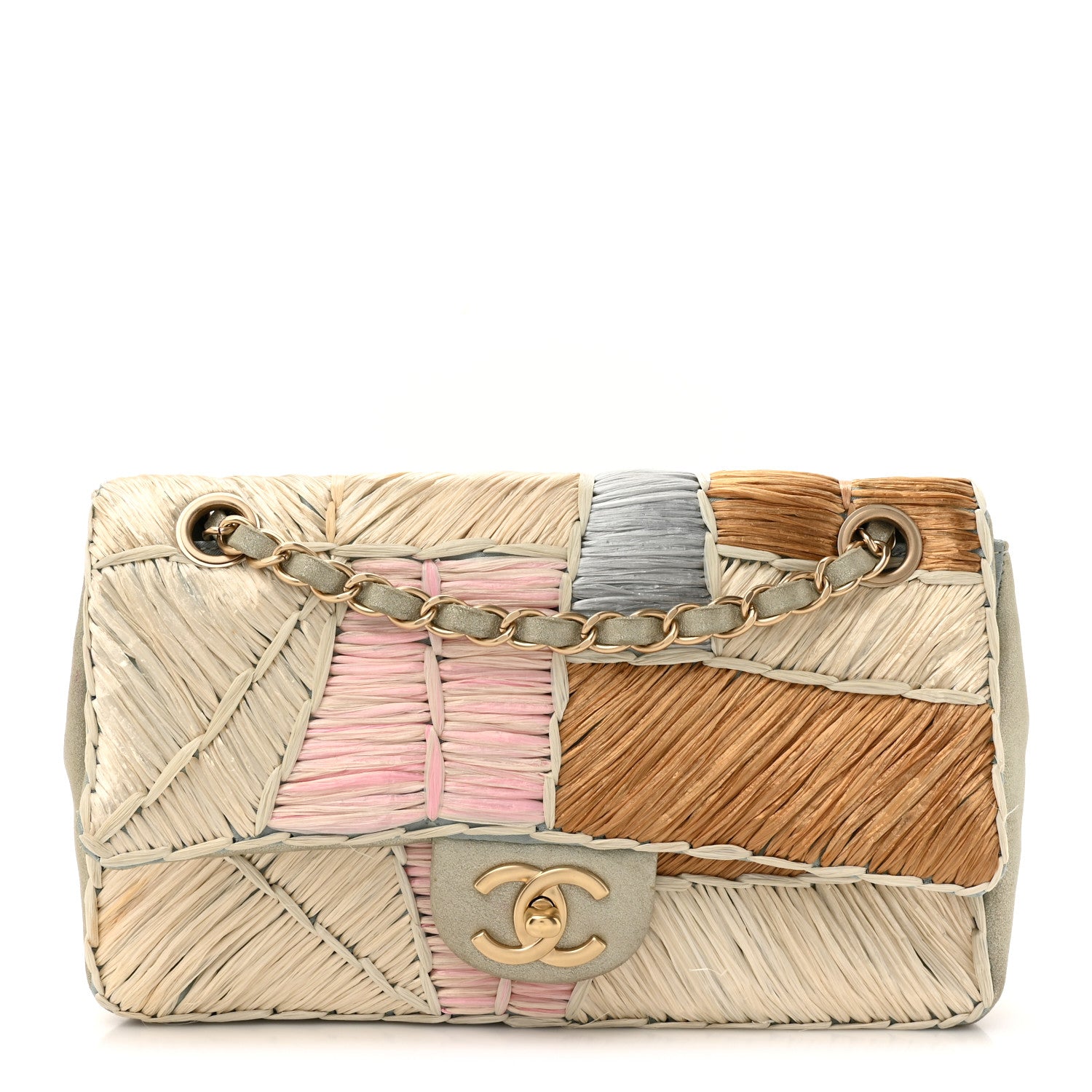 Chanel Metallic Woven Raffia Patchwork Single Flap Green 1 of 12