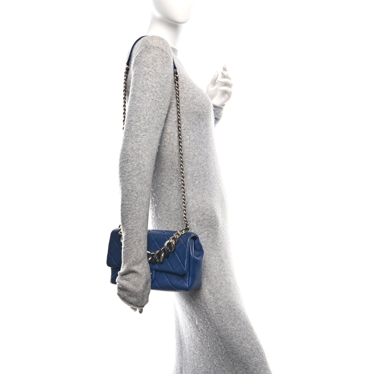 Lambskin Quilted Resin Bi-Color Chain Flap Bag Navy