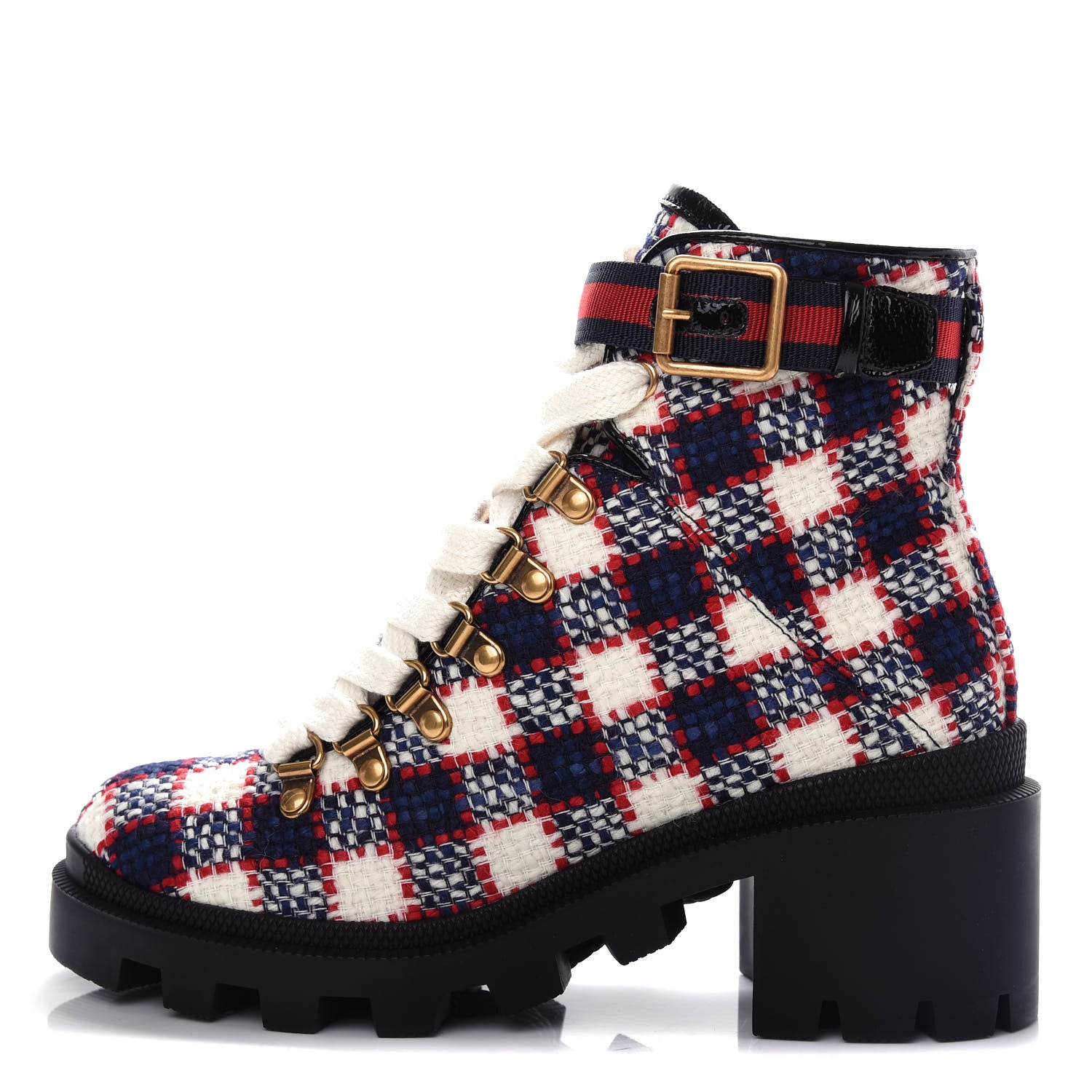 Gucci Vintage Tweed Check Lace Up Combat Ankle Boots 35 White Hibiscus Red Marine 1 of 11