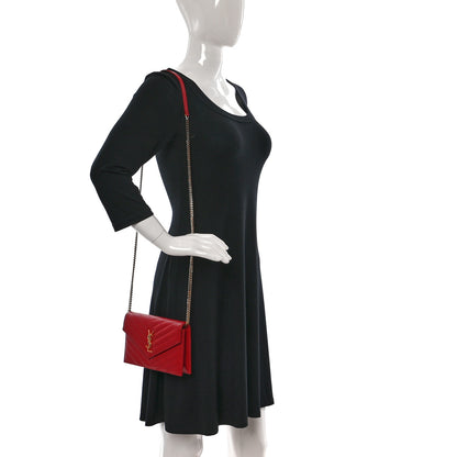 Saint Laurent Grain De Poudre Matelasse Chevron Monogram Envelope Chain Wallet New Red 2 of 10