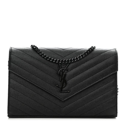 Saint Laurent Grain De Poudre Matelasse Chevron Monogram Chain Wallet Black 1 of 10