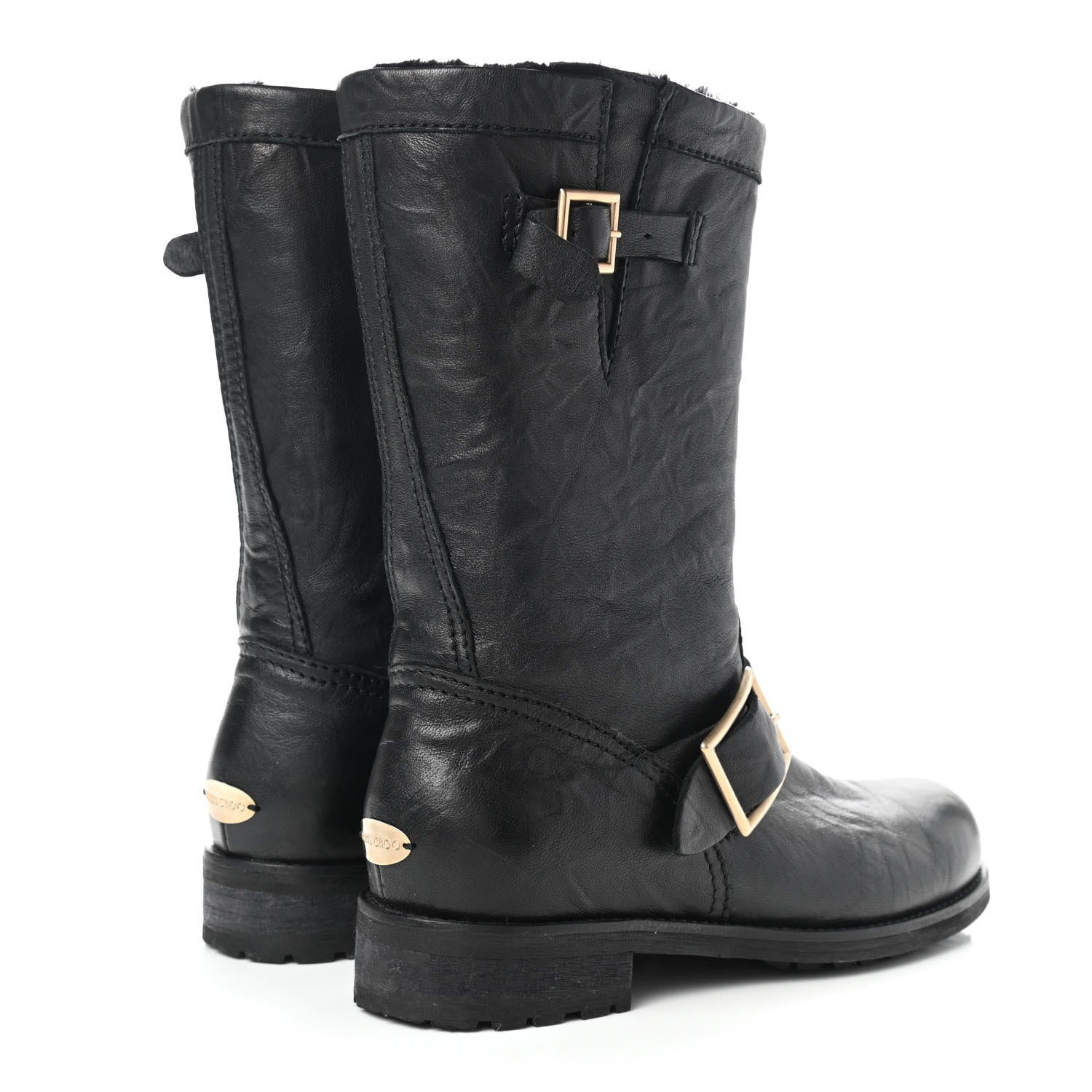 Jimmy Choo Lambskin Rabbit Fur Biker Boots 37.5 Black 4 of 11
