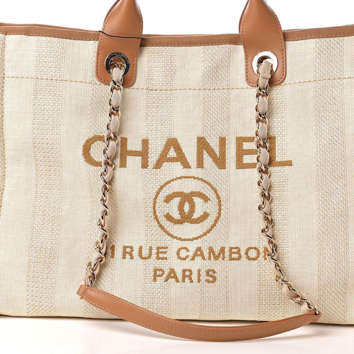 Straw Raffia Calfskin Striped Medium Deauville Tote Beige