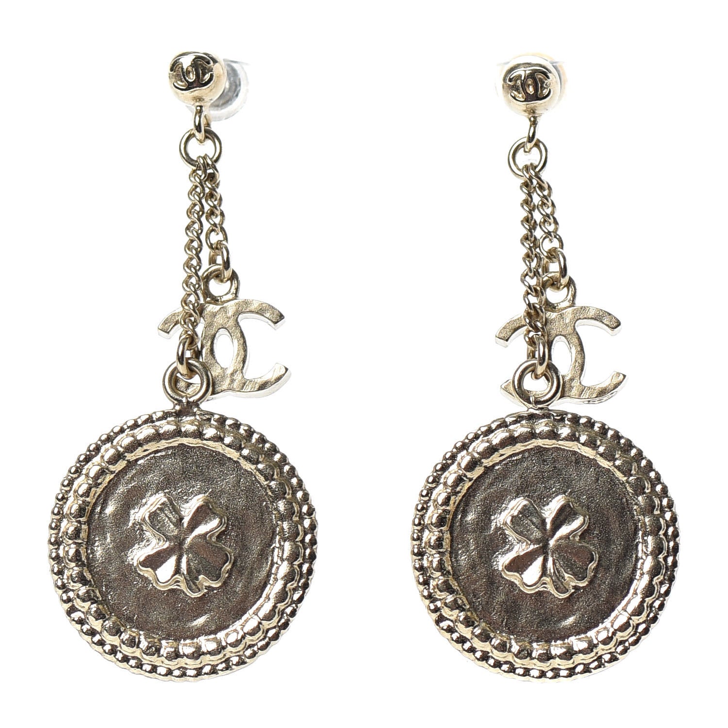 Chanel Medallion Clover CC Drop Earrings Light Gold 1 of 4