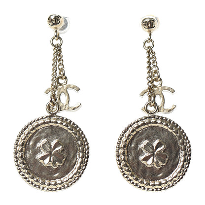 Chanel Medallion Clover CC Drop Earrings Light Gold 1 of 4