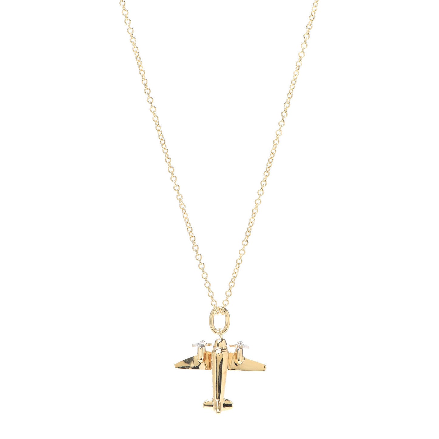 18K Yellow Gold Platinum Diamond Airplane Pendant Necklace