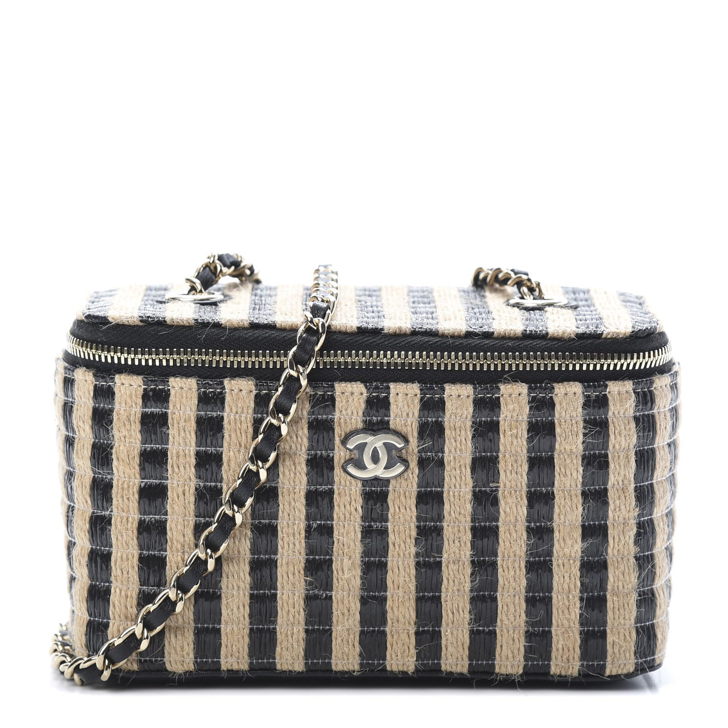 Raffia Jute Striped Small Vanity Case With Chain Black Beige