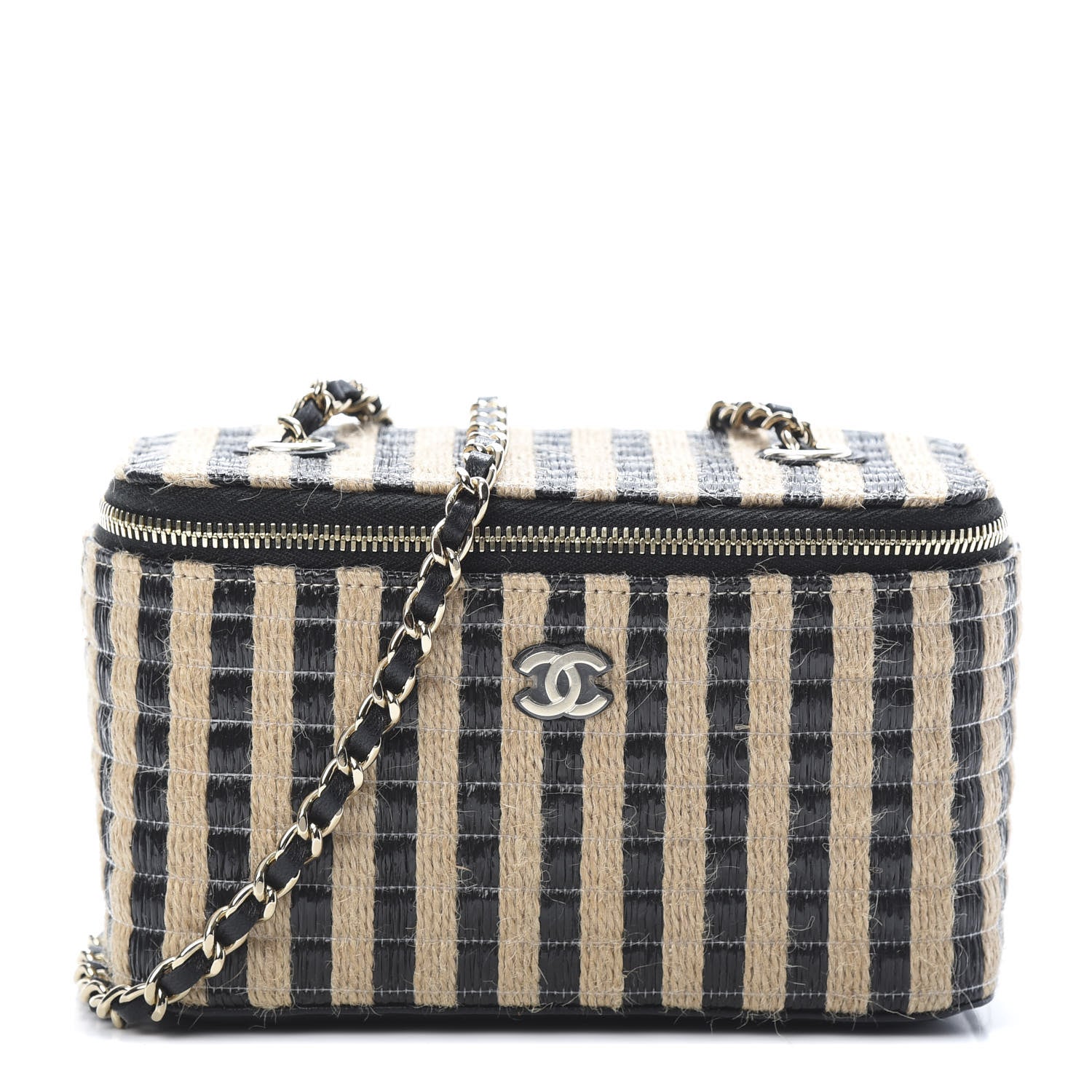 Chanel Raffia Jute Striped Small Vanity Case With Chain Black Beige 1 of 11