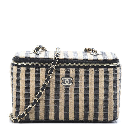 Chanel Raffia Jute Striped Small Vanity Case With Chain Black Beige 1 of 11