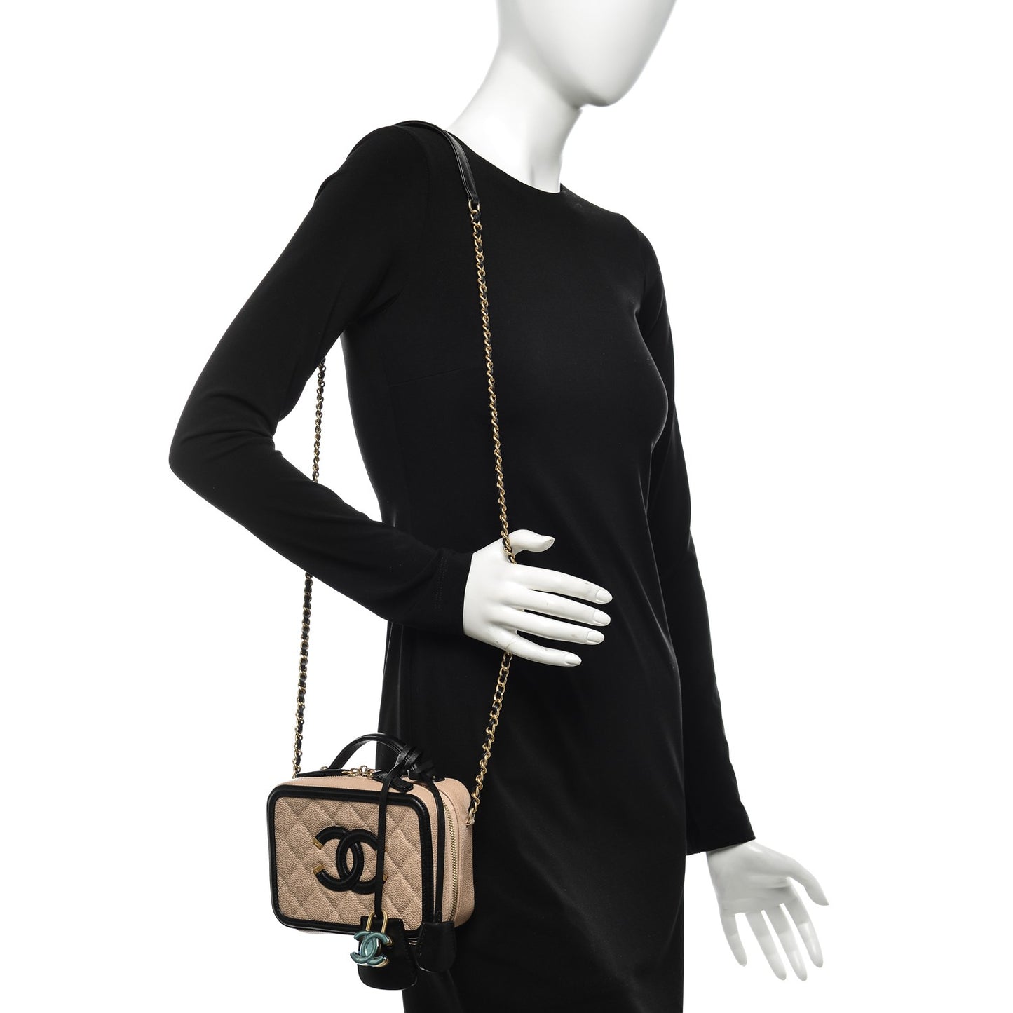 Caviar Quilted Small CC Filigree Vanity Case Beige Black