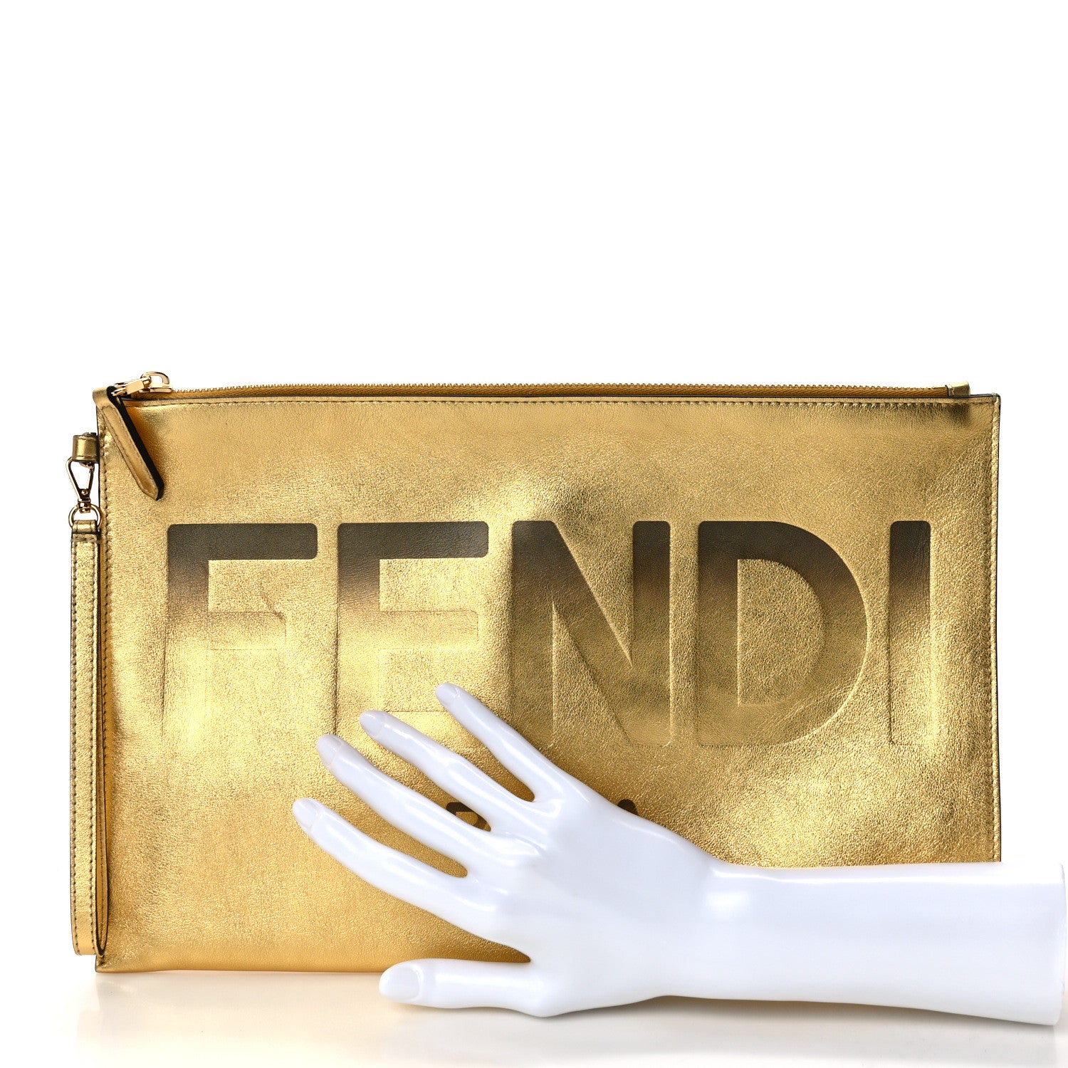 Fendi Metallic Vitello King Logo Embossed Large Flat Pouch Gold 2 of 8