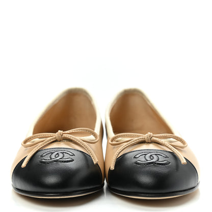 Chanel Lambskin Cap Toe CC Ballerina Flats 36.5 Beige Black 2 of 10