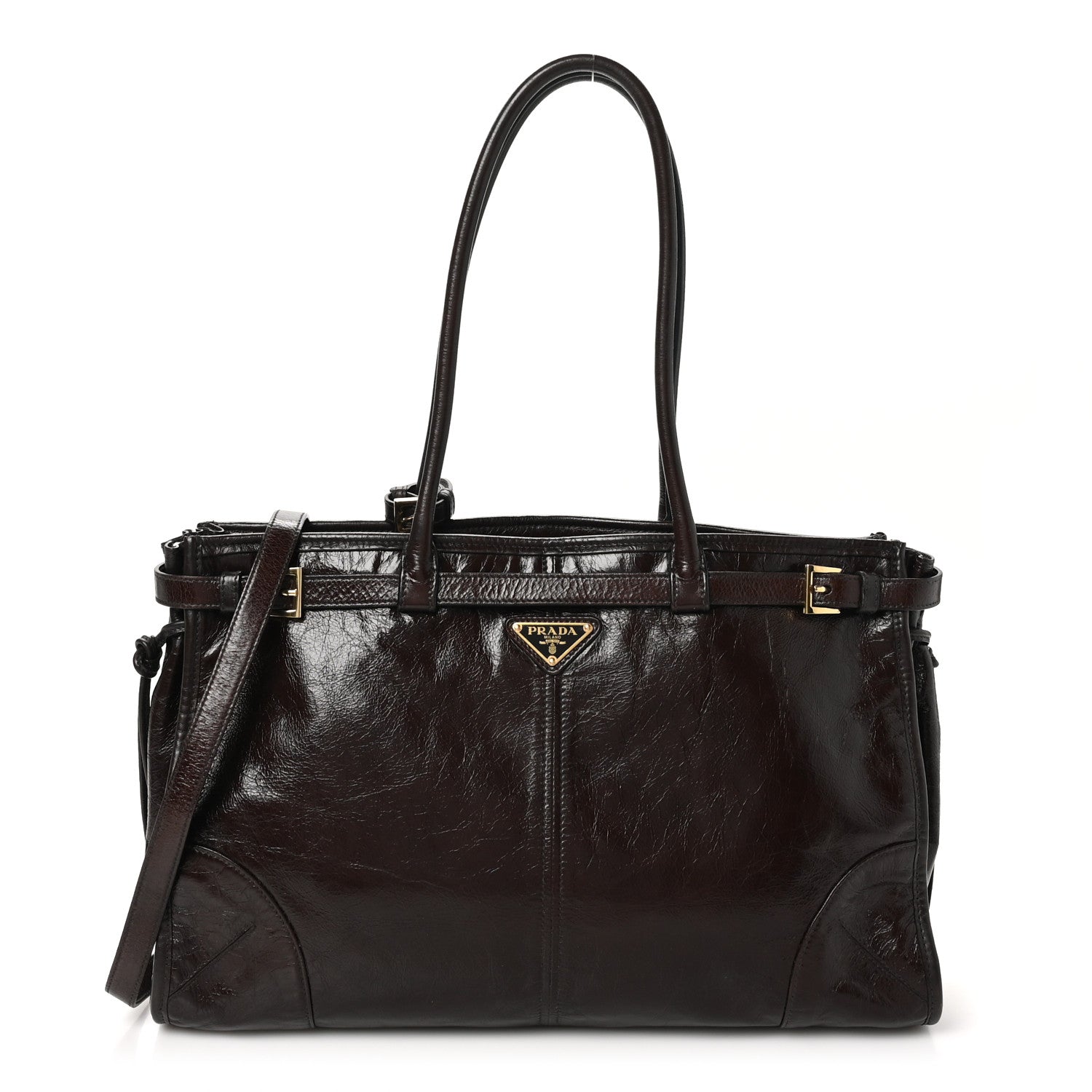 Prada Glossy Calfskin Triangle Large Bonnie Shoulder Bag Dark Brown 1 of 9