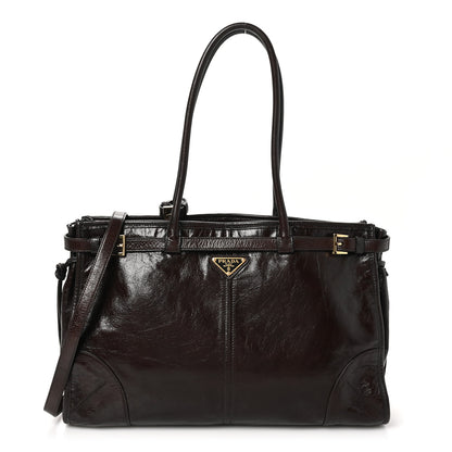 Prada Glossy Calfskin Triangle Large Bonnie Shoulder Bag Dark Brown 1 of 9