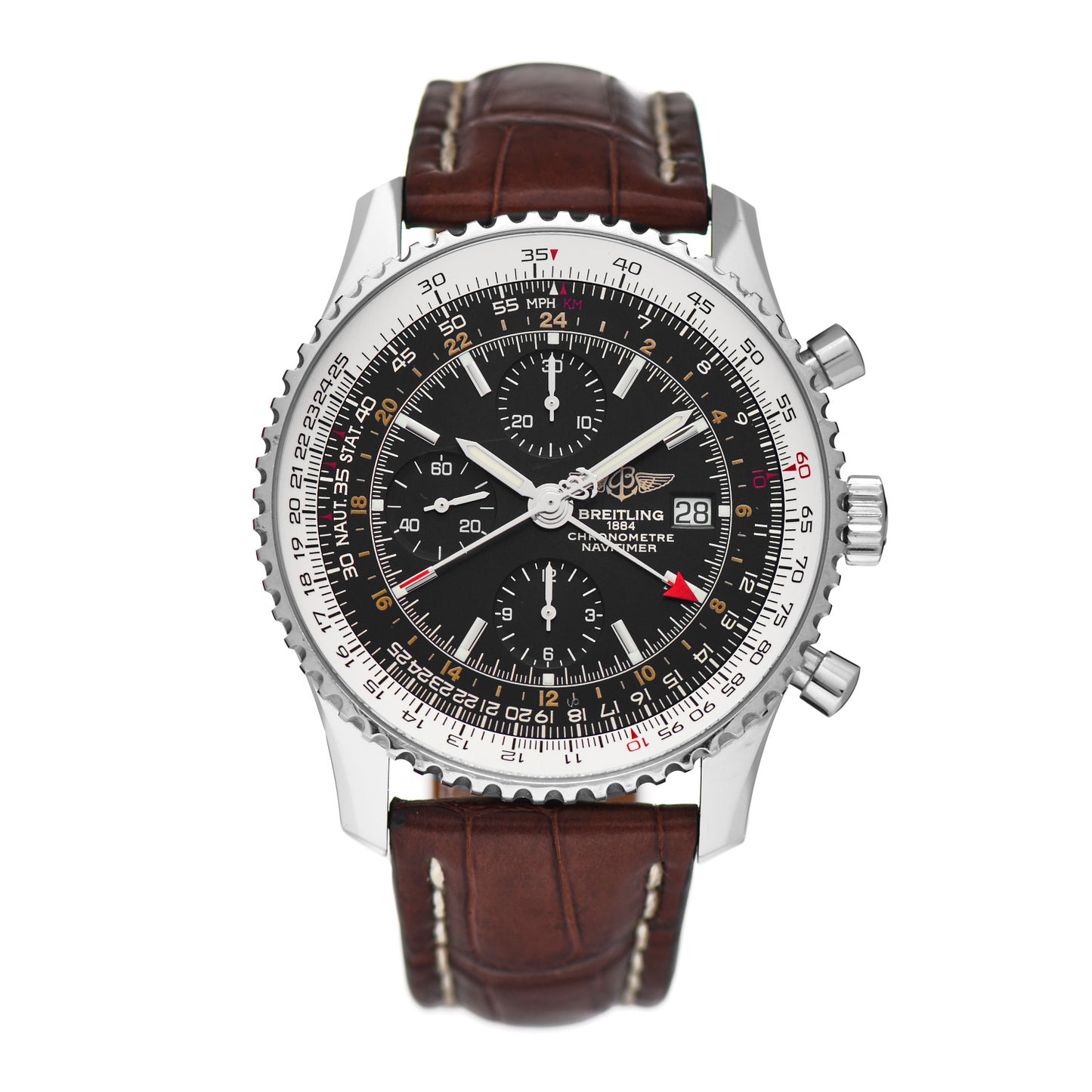 Stainless Steel Alligator 46mm Navitimer 1884 Limited Edition Chronograph Automatic Watch Black A24322