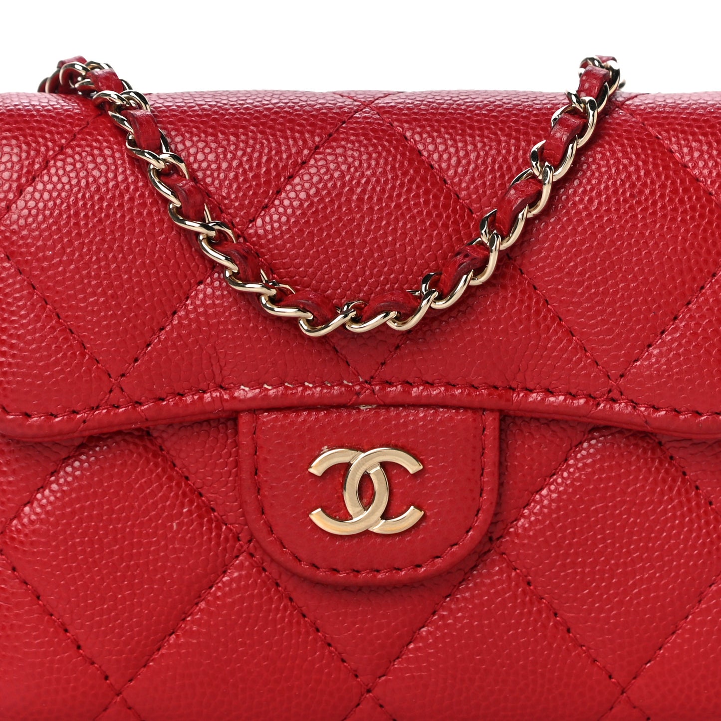 Caviar Quilted Flap Card Holder On Chain Red
