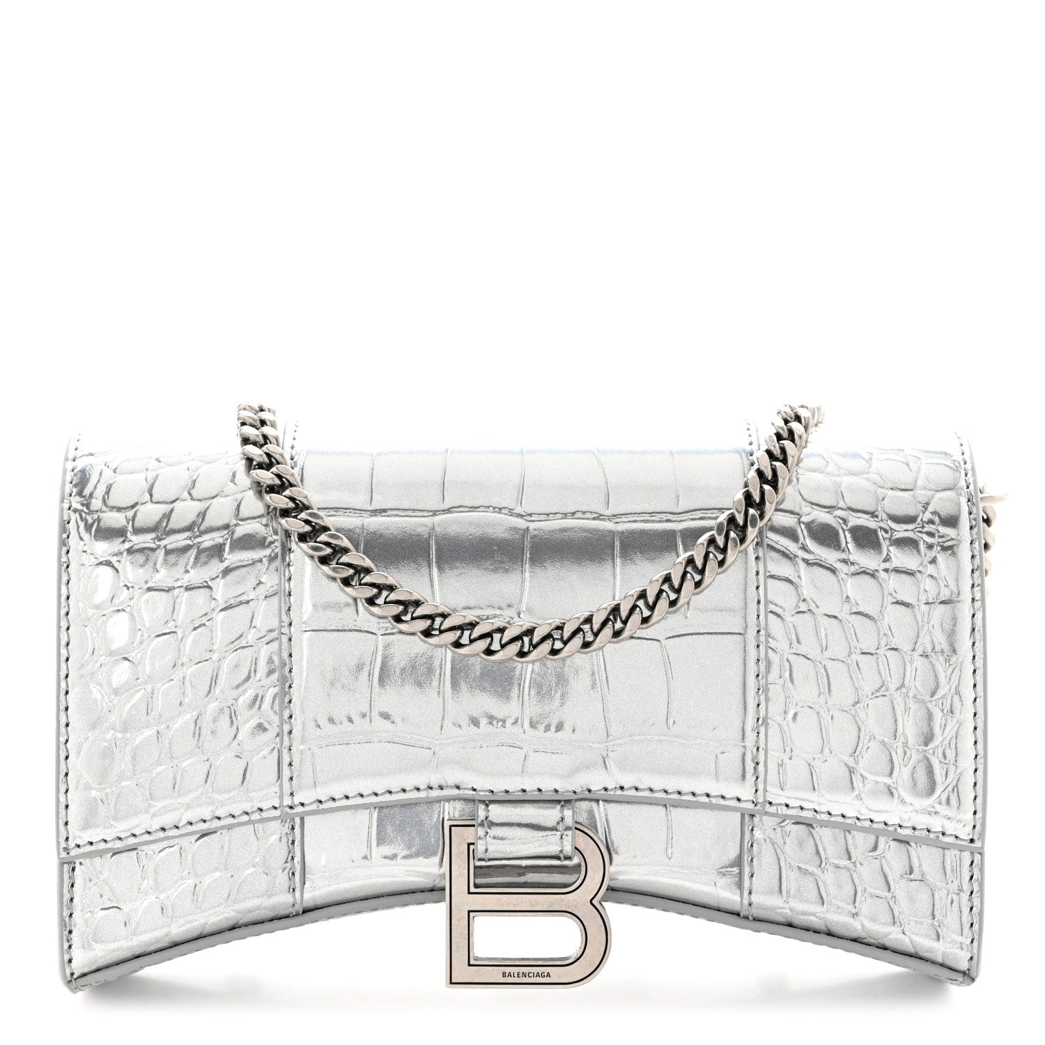 Balenciaga Metallic Calfskin Crocodile Embossed Hourglass Chain Bag Silver 1 of 10