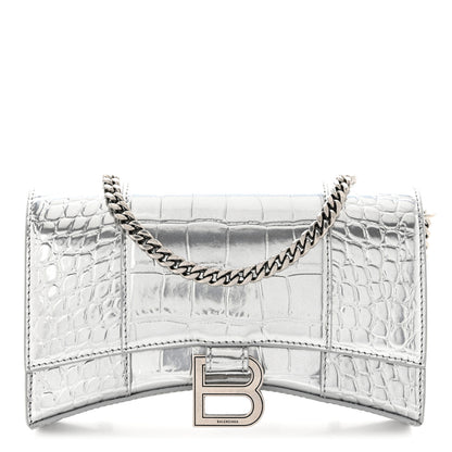 Balenciaga Metallic Calfskin Crocodile Embossed Hourglass Chain Bag Silver 1 of 10