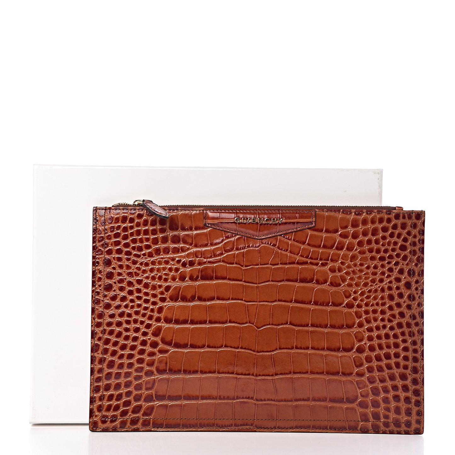 Calfskin Crocodile Embossed Medium Antigona Pouch Cognac
