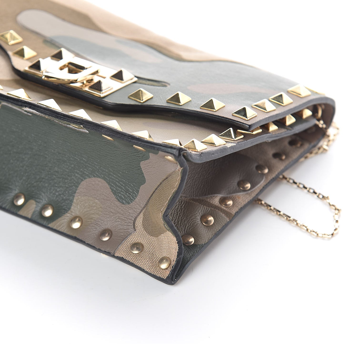 Nappa Canvas Camouflage Mini Rockstud Flip Lock Chain Crossbody Bag Safari