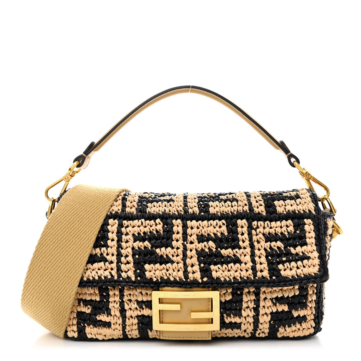 Raffia Vitello Grace FF Crochet Baguette Natural Black Paglia