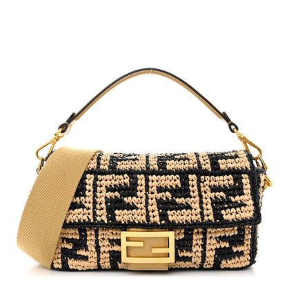 Fendi Raffia Vitello Grace FF Crochet Baguette Natural Black Paglia 1 of 10