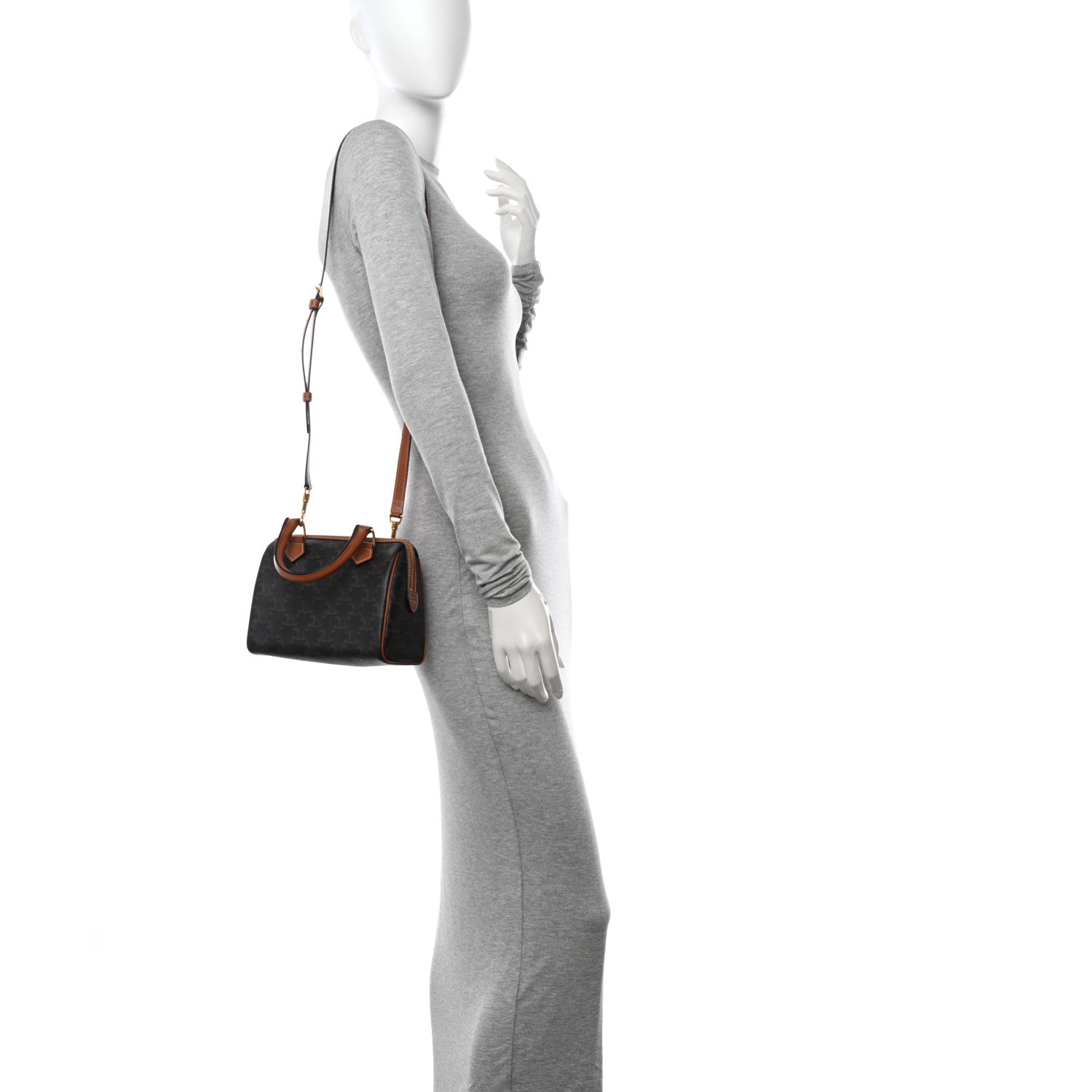 Celine Triomphe Canvas Calfskin Small Boston Bag Tan 2 of 10