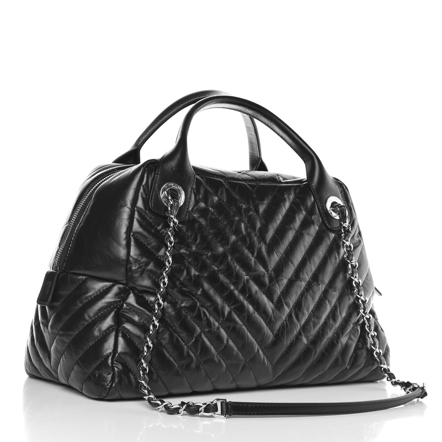 Aged Calfskin Chevron Medium Soft Bowling Bag Black