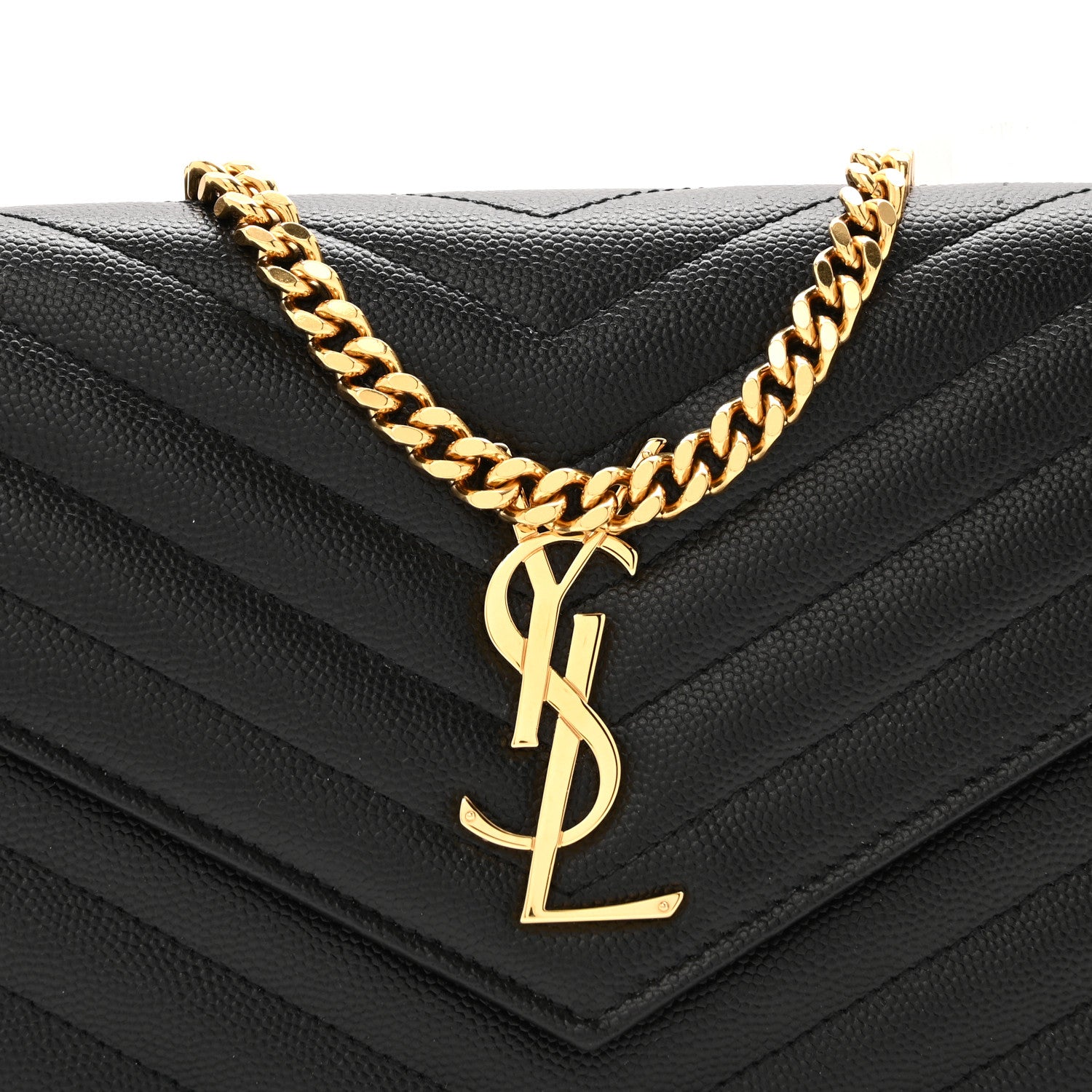Saint Laurent Grain De Poudre Matelasse Chevron Monogram Chain Wallet Black 9 of 12
