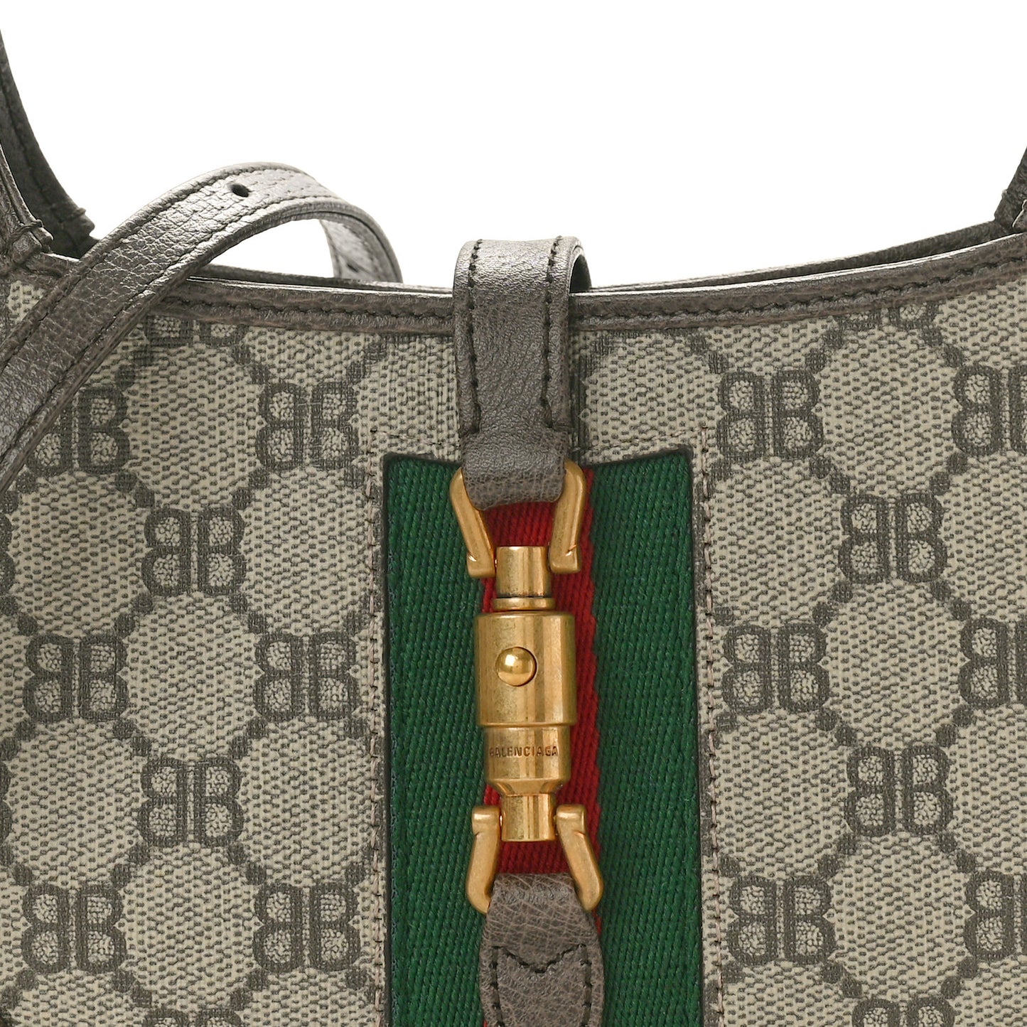X BALENCIAGA BB Supreme Monogram Calfskin Web Mini Jackie 1961 Hobo Beige Ebony