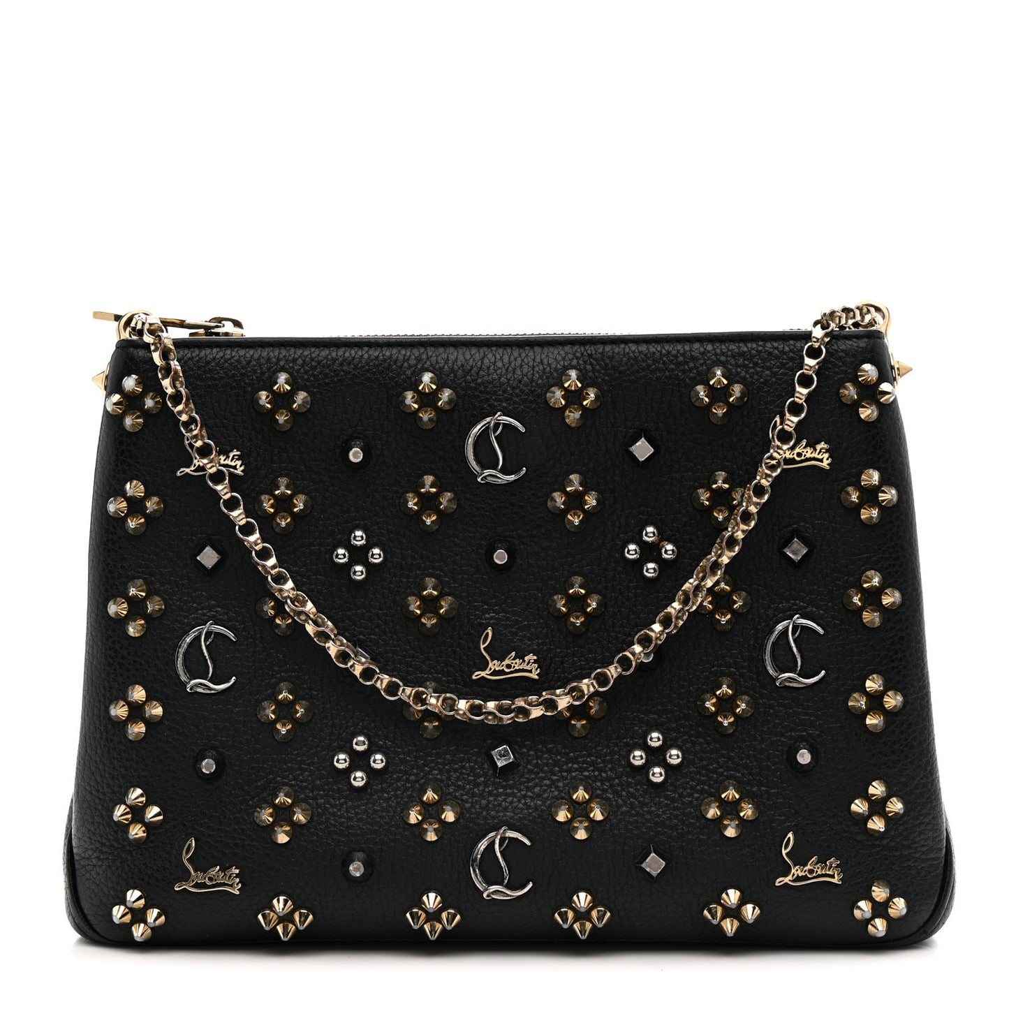 Calfskin Spikes Loubinthesky Large Triloubi Shoulder Bag Black
