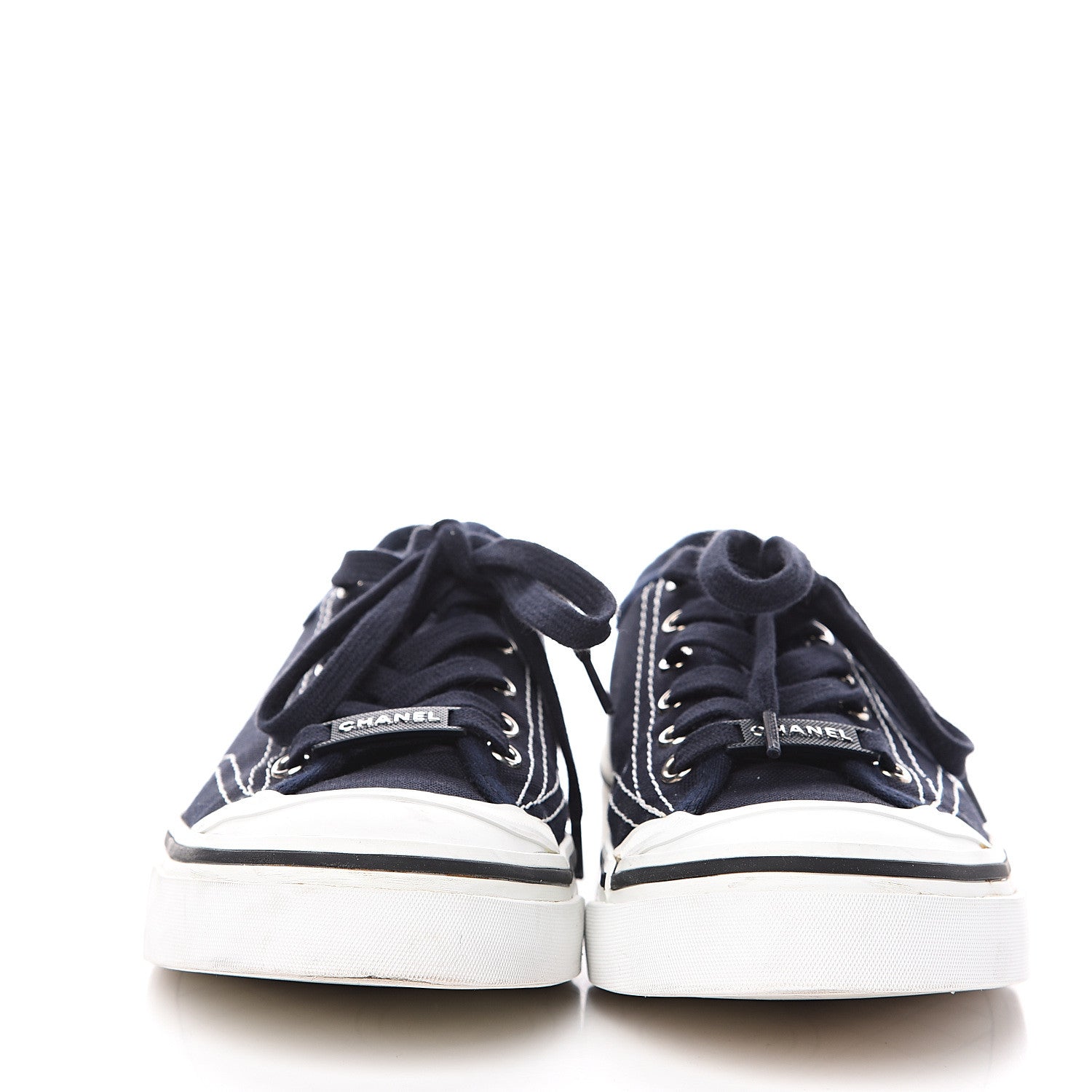 Chanel Canvas Lace Up Cap Toe Sneakers 39 Navy 2 of 14