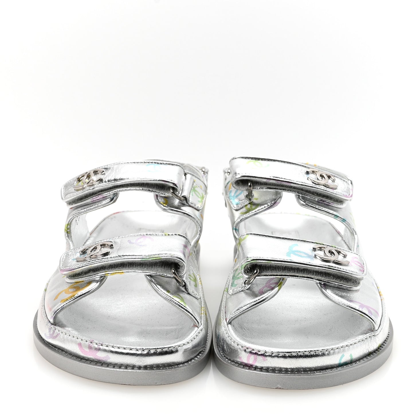 Laminated Lambskin Printed CC Dad Sandals 39 Silver Multicolor