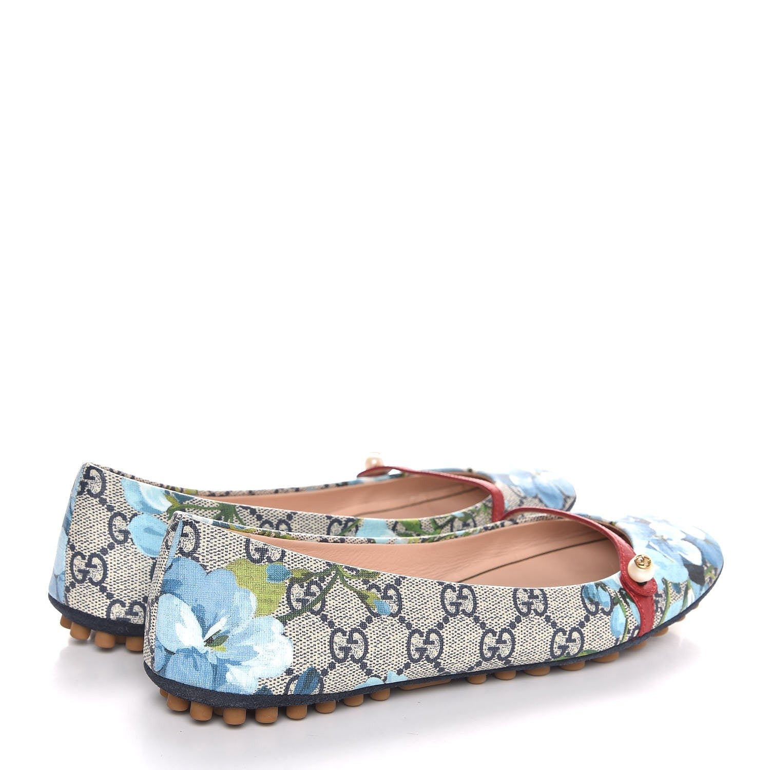 Gucci GG Supreme Monogram Blooms Ballet Flats 38.5 Beige Blue Navy Hibiscus Red 4 of 8