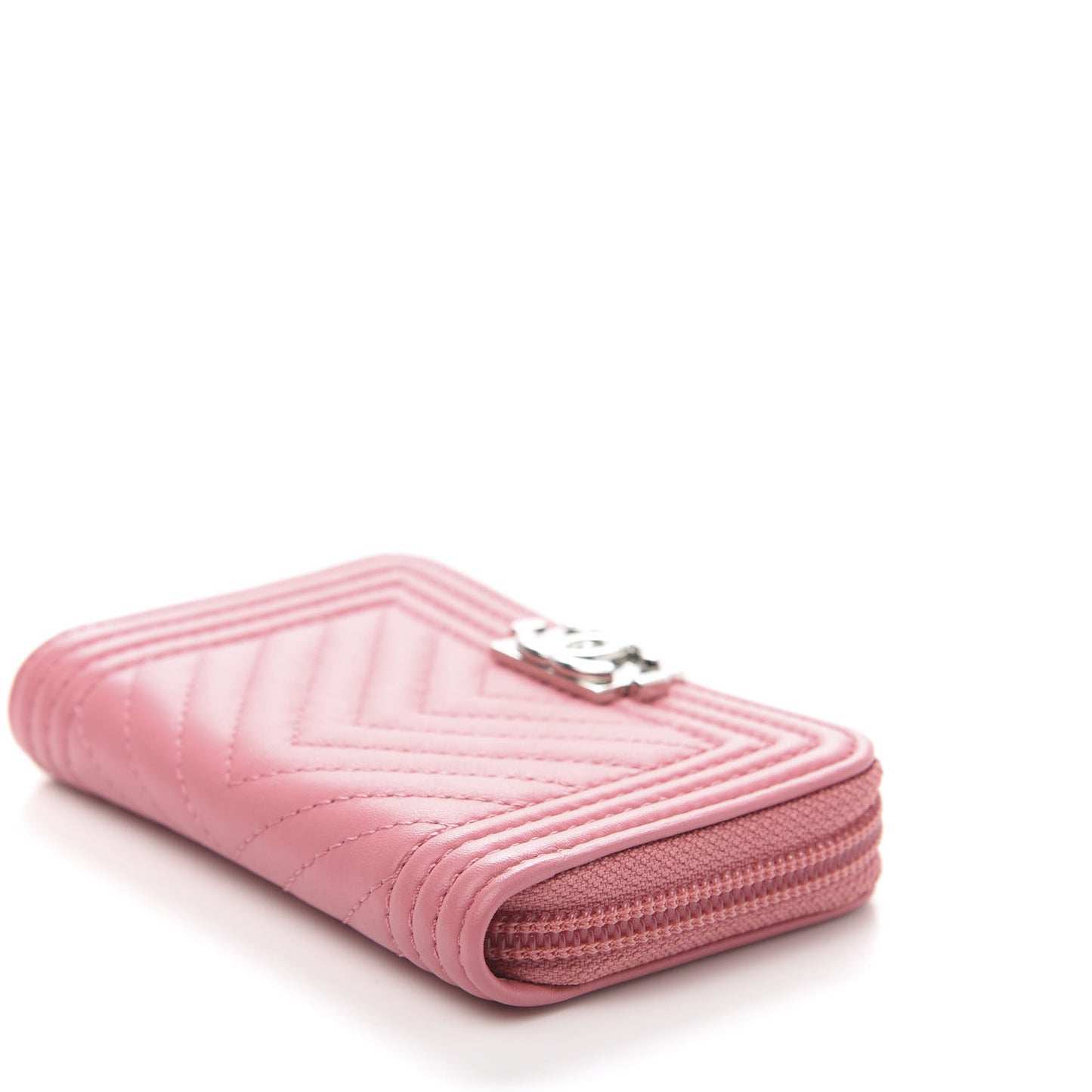 Calfskin Chevron Quilted Zip Around Boy Coin Purse Wallet Pink