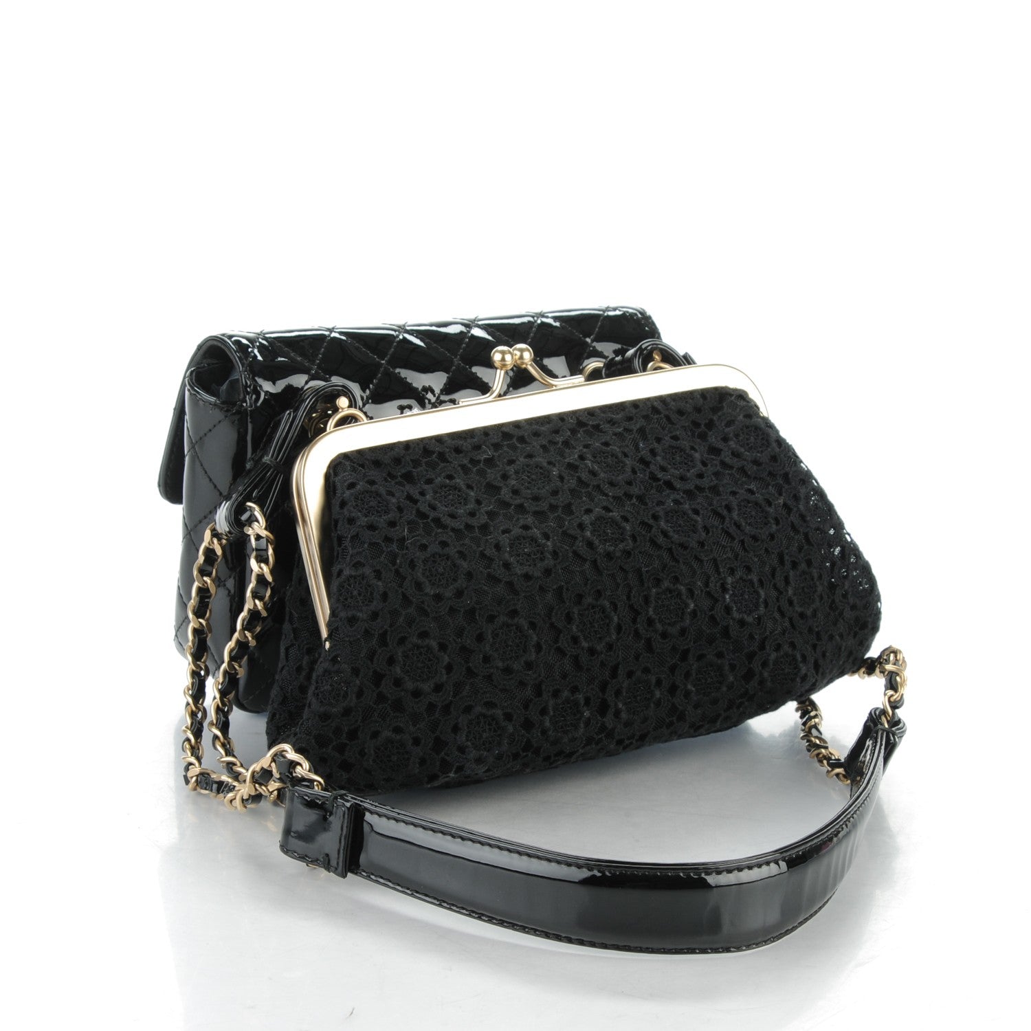 Chanel Patent Lace Mini Kiss Lock Flap Double Bag Black 3 of 8