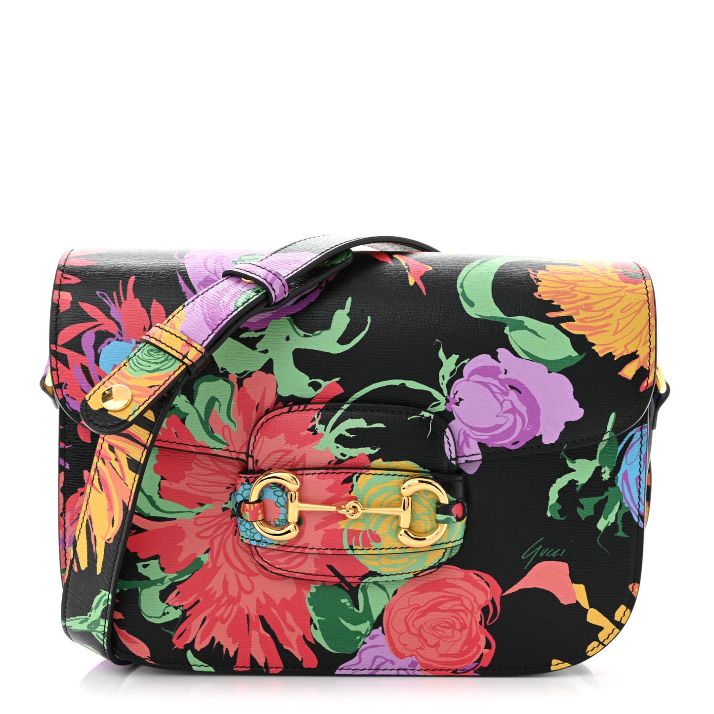 X KEN SCOTT New Shangai Calfskin Jenny Floral Print Horsebit 1955 Shoulder Bag Black Pink