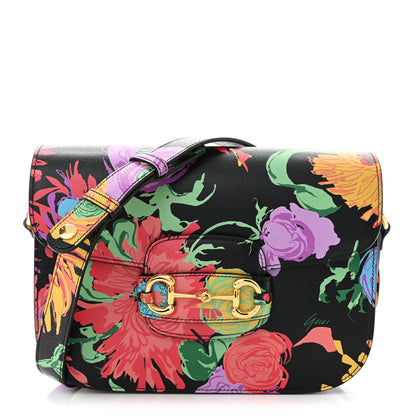 Gucci X KEN SCOTT New Shangai Calfskin Jenny Floral Print Horsebit 1955 Shoulder Bag Black Pink 1 of 10