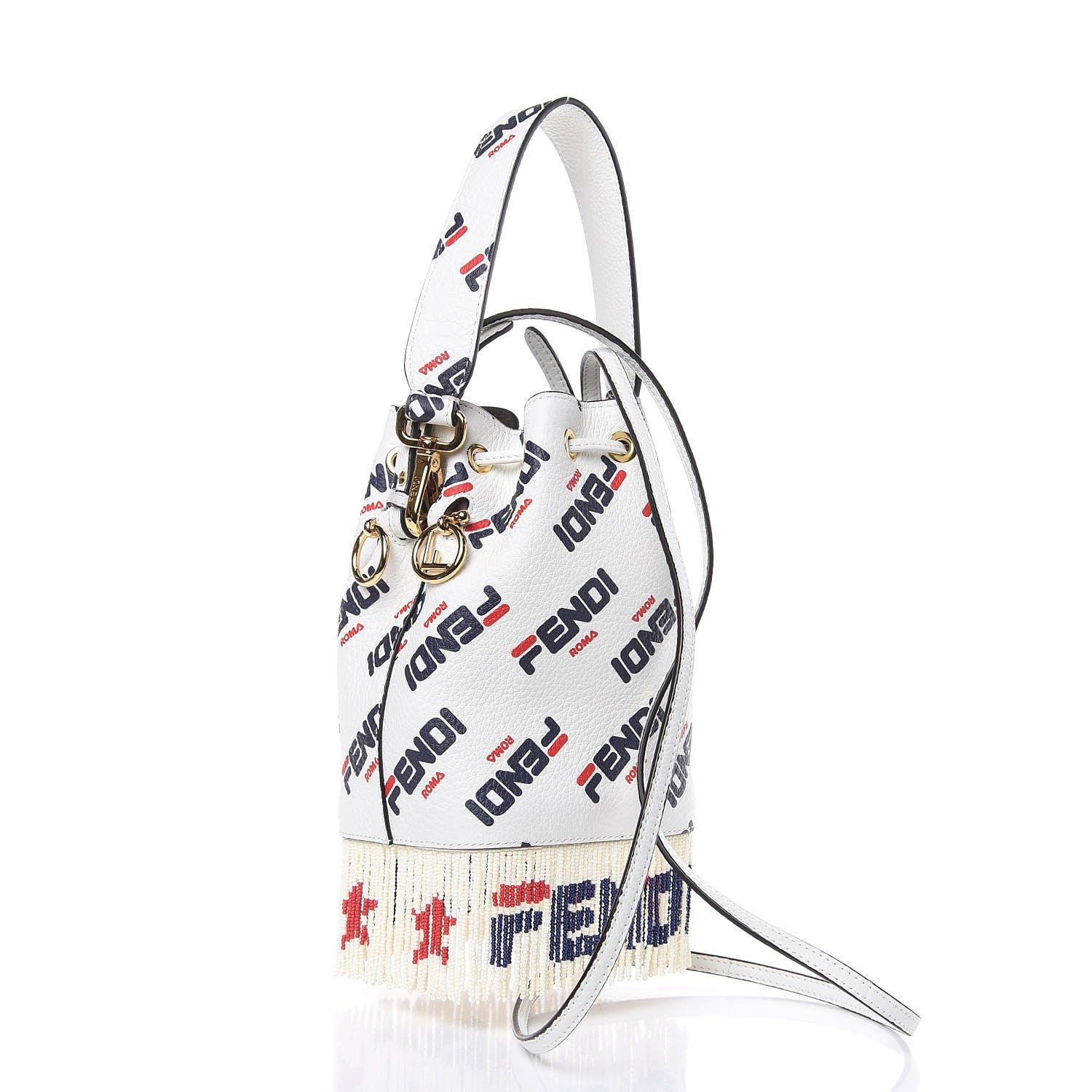 Fendi X FILA Calfskin F is Fendi Mania Fringe Mini Mon Tresor Bucket Bag White 3 of 10