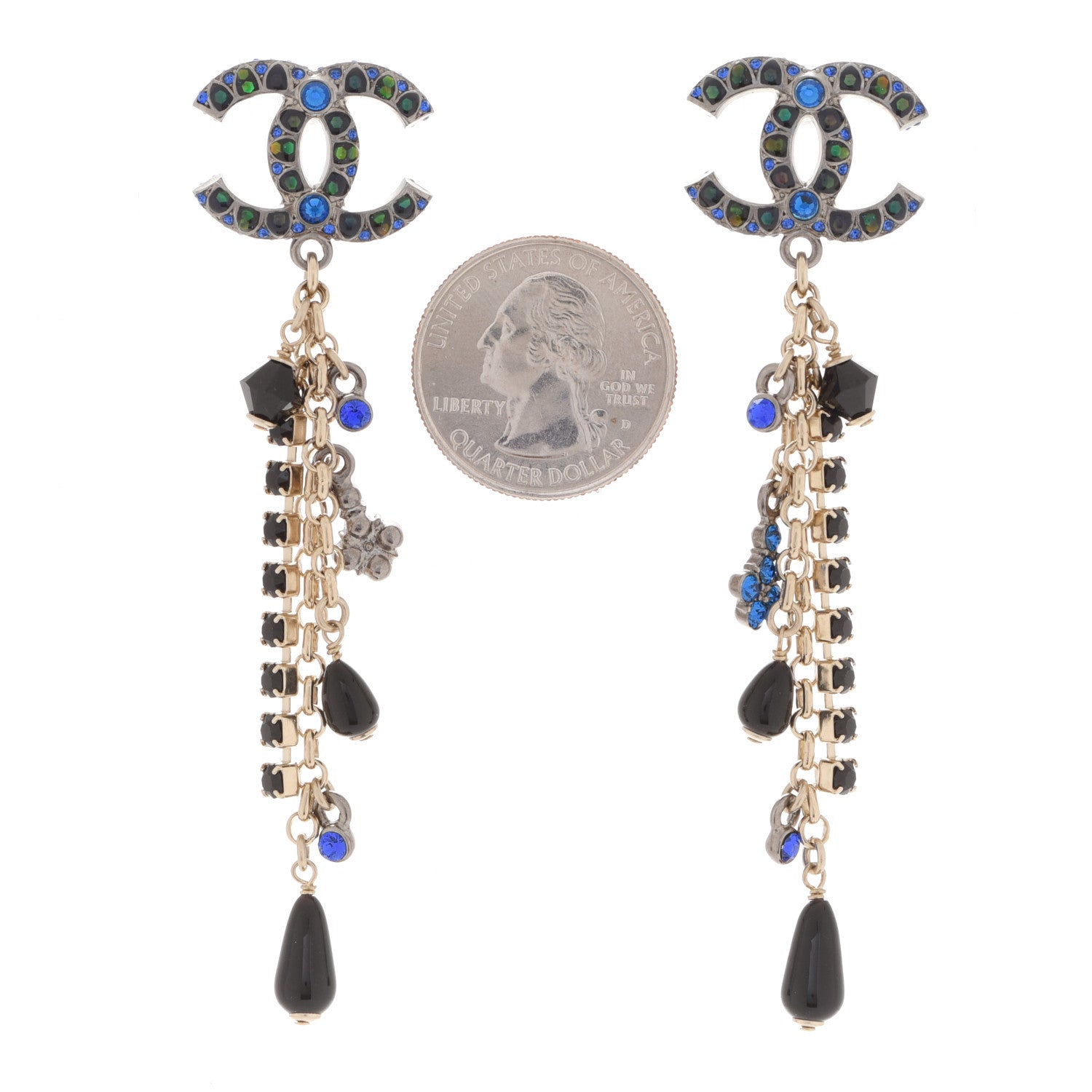 Chanel Crystal Bead CC Dangle Earrings Silver Blue Black 2 of 4