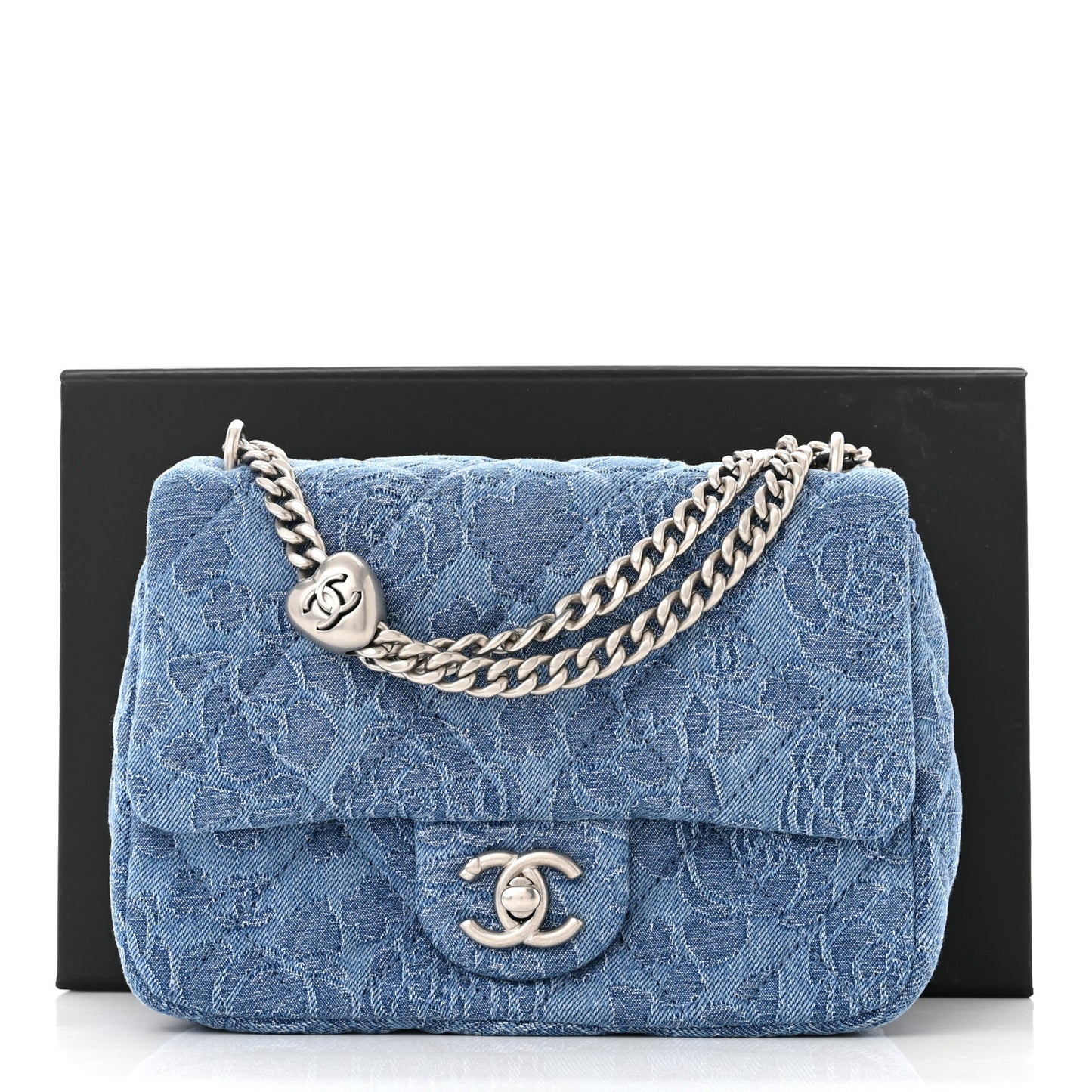 Denim Quilted Camellia Sweetheart Mini Flap Blue