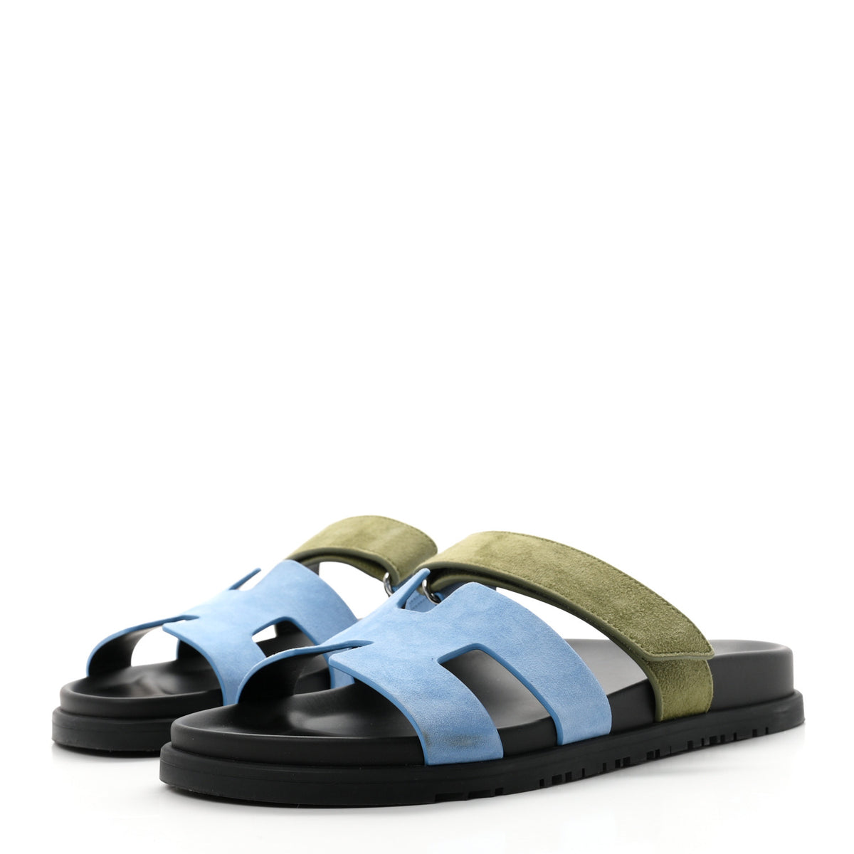 Hermes Suede Goatskin Womens Chypre Sandals 41 Bleu Cameo Vert 4 of 10