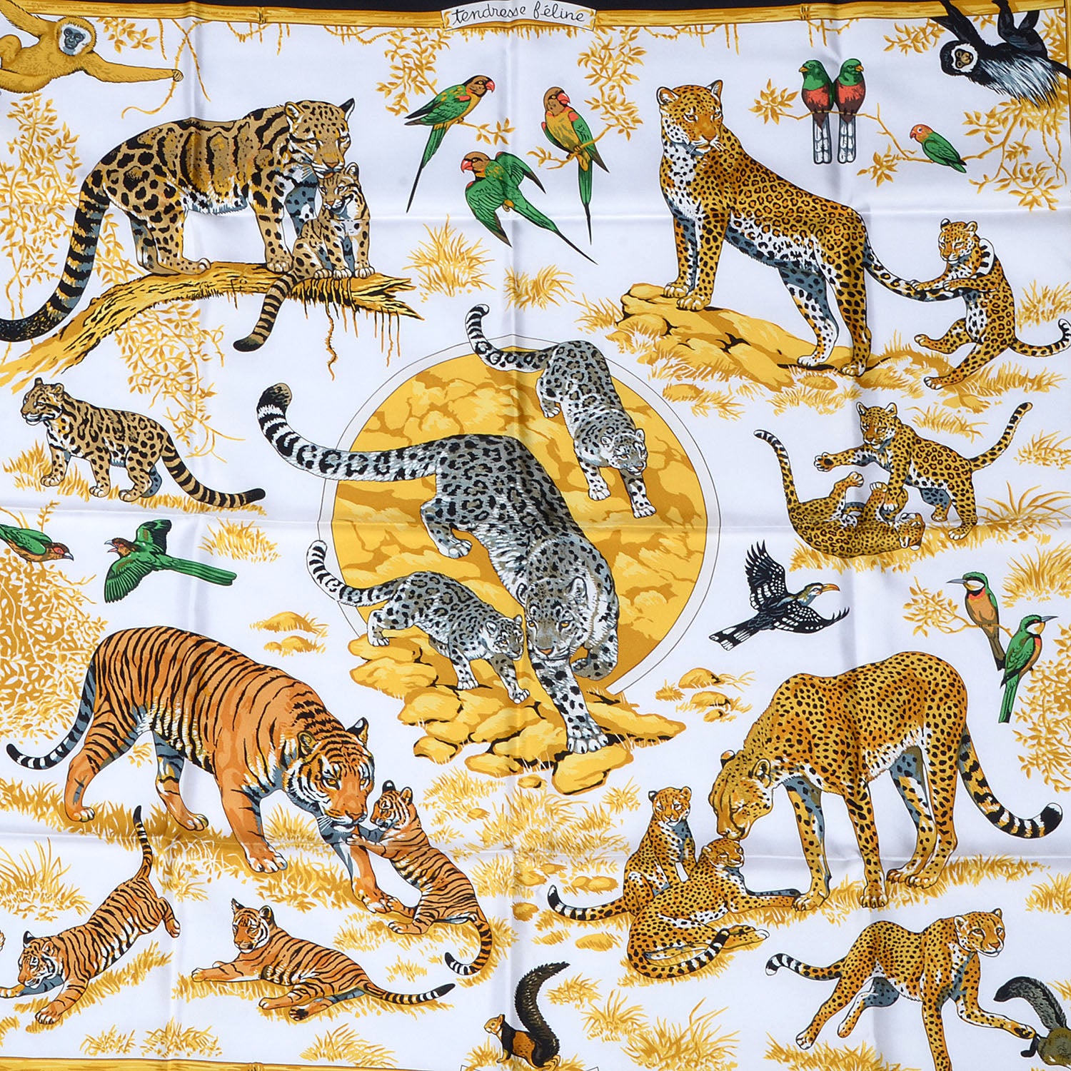 Hermes Silk Tendresse Feline Scarf 90 Black White Vieil Or 1 of 8